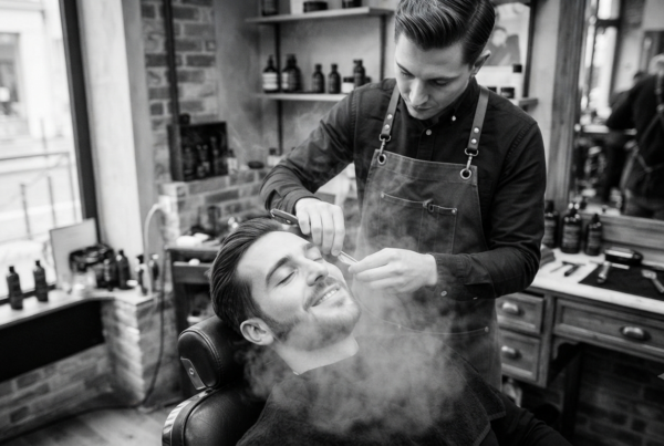 Intérieur d'un salon de coiffure et espace barbier moderne et chaleureux à Paris 19 avec fauteuils en cuir